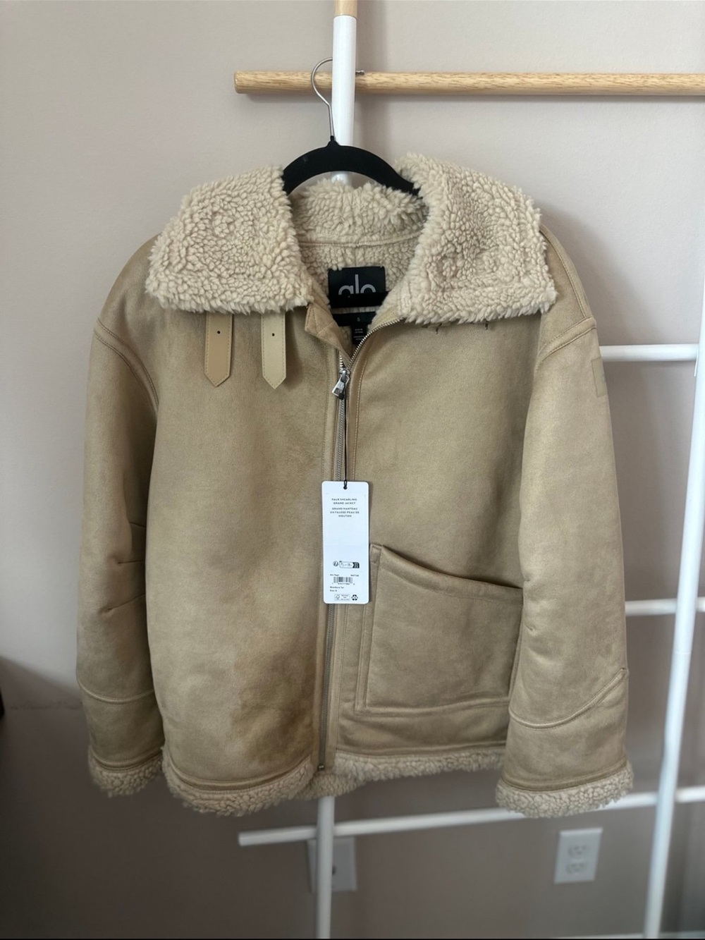 ALO Yoga Woodland Tan Faux Shearling Aviator Jacket
